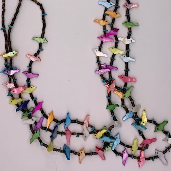 Southwest Zuni Bird Fetish Heishi Colorful Shell Birds Three Strand Necklace 734 - Picture 4 of 8